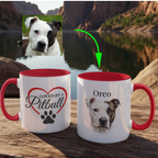 Two mugs with red interiors and handles, one featuring a dog photo and text 'Loved by a Pitbull', the other with 'Oreo' and a dog photo.