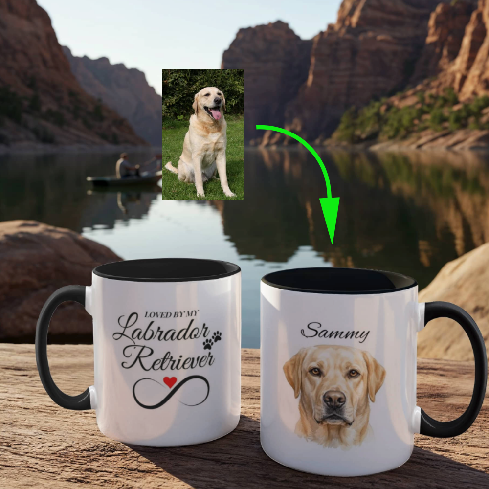 Two mugs with Labrador Retriever design and text, one with a photo of a dog and another with text, set against a scenic background.
