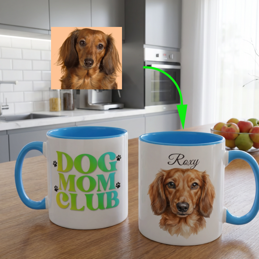 Two mugs with a dog's face printed on them in a kitchen setting.