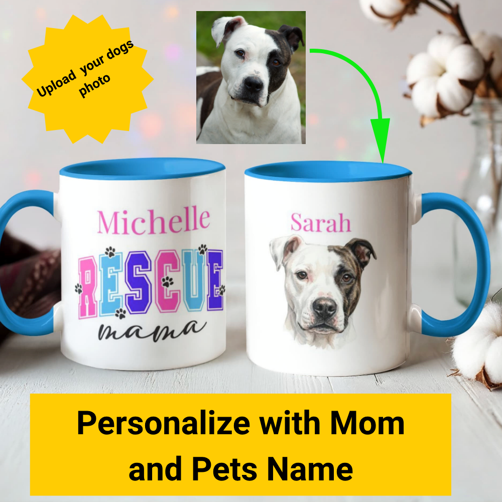 Two mugs with dog photos and personalized names on a light wooden surface.