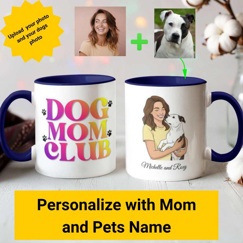 Two mugs with 'Dog Mom Club' and a personalized photo of a woman holding a dog, on a light background.