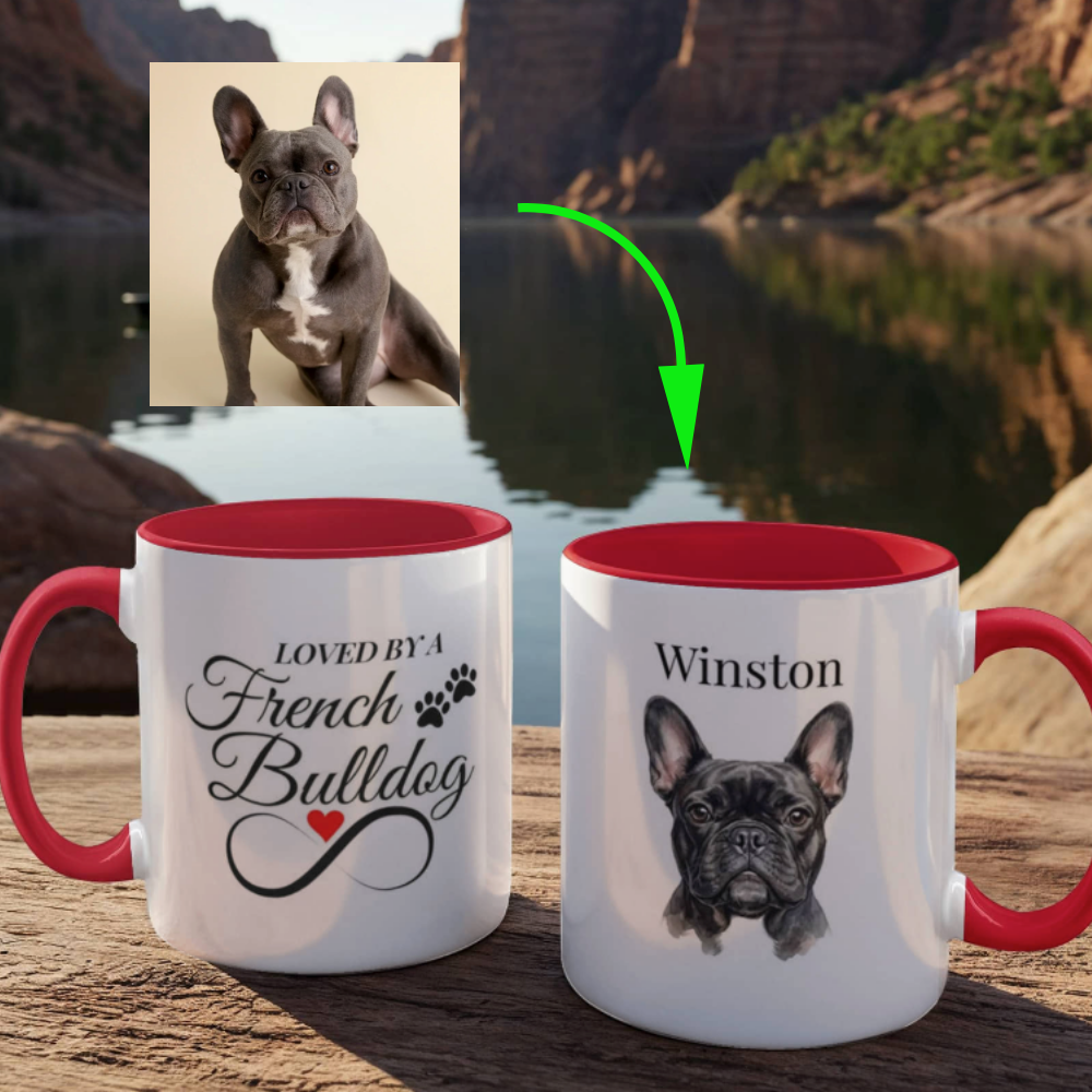 Two mugs with red interiors and handles, one featuring a French Bulldog illustration and the other with text, set against a scenic background.