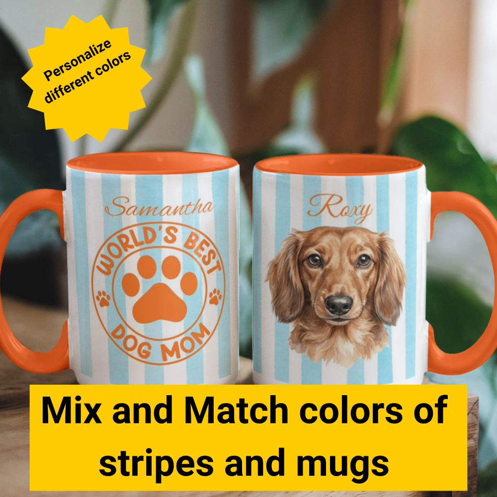 Two mugs with personalized designs and text, one featuring a dog and the other a paw print, on a blurred natural background.