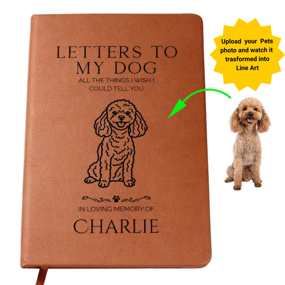 Brown notebook with dog illustration and text, featuring a dog on a white background.