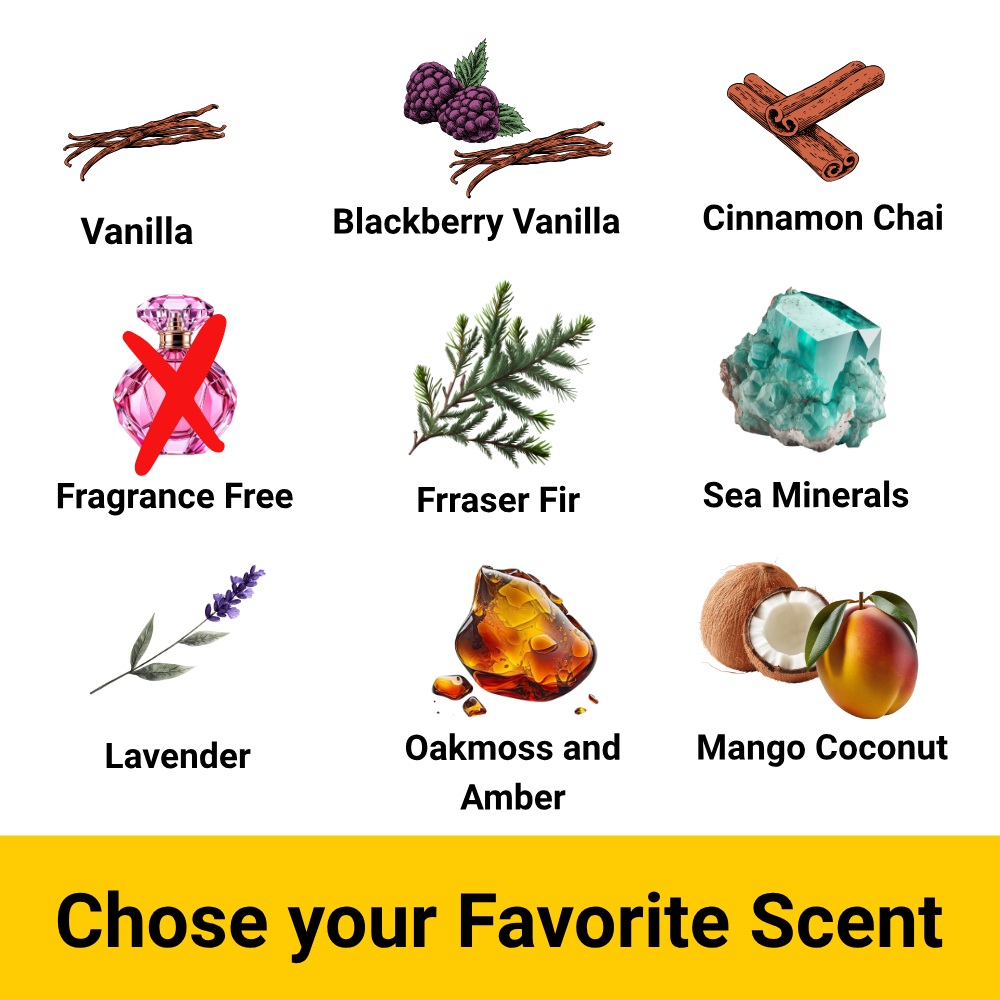Illustrations of various scents with corresponding names on a white background