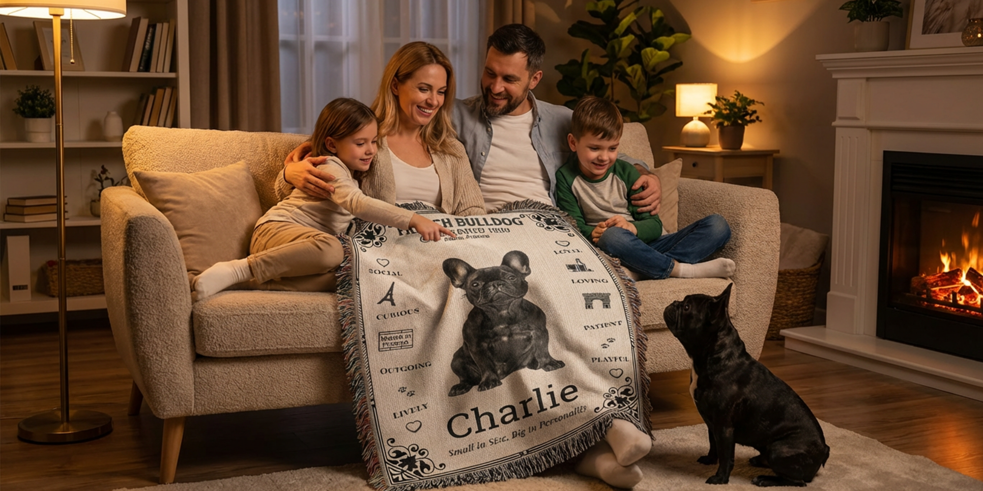 Family sitting on a couch with a blanket featuring a dog and text, fireplace in the background