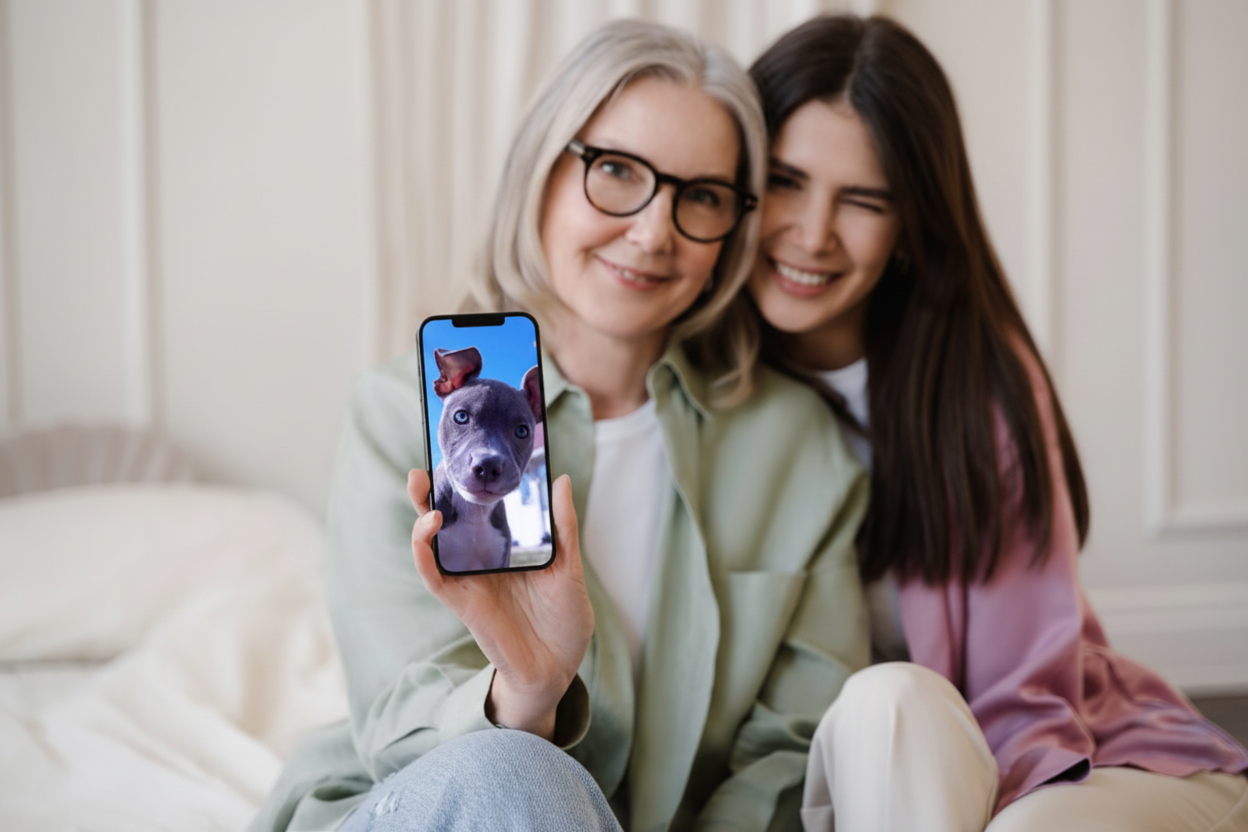 Two women sitting together, one holding a phone showing a dog's face.