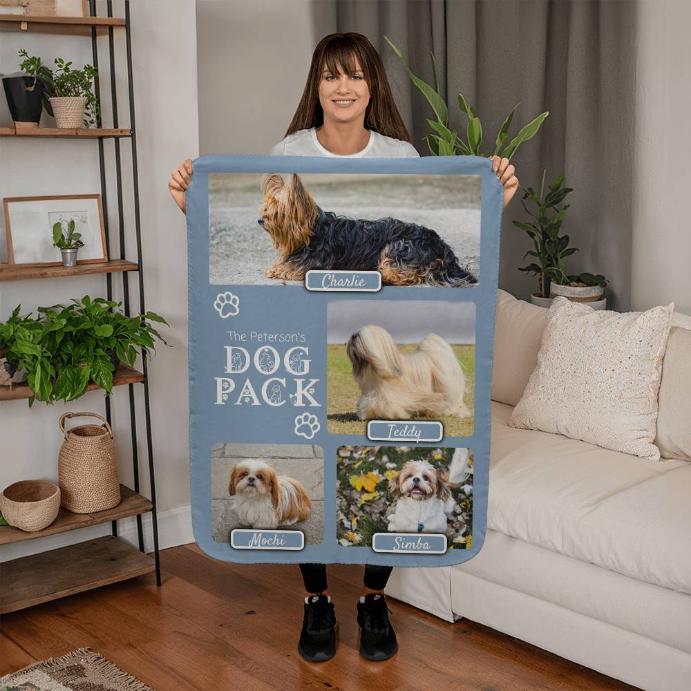 "Dog Pack" Personalized Photo Collage Sherpa Blanket - Multi-Dog Gift