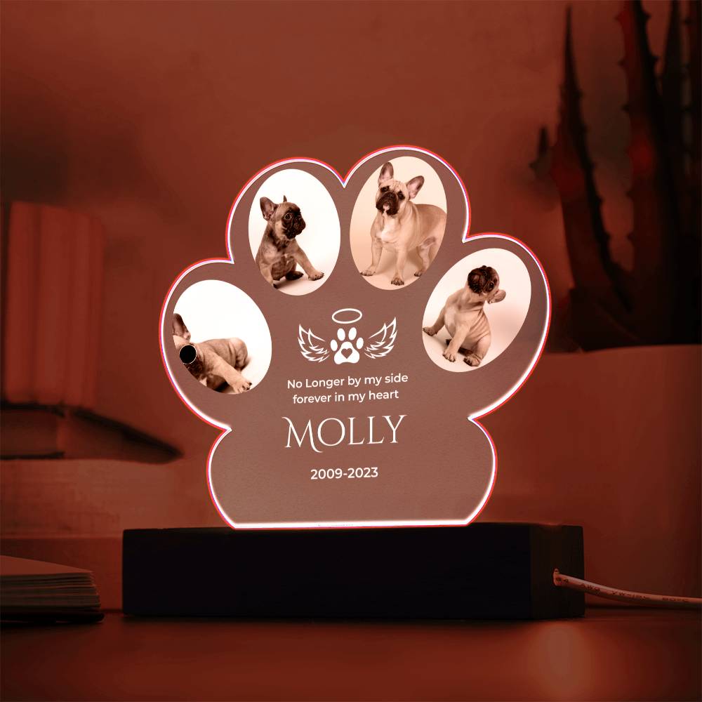 🐾 Personalized Pet Memorial Paw Acrylic Plaque with LED Base – Custom Dog Photo Light Keepsake