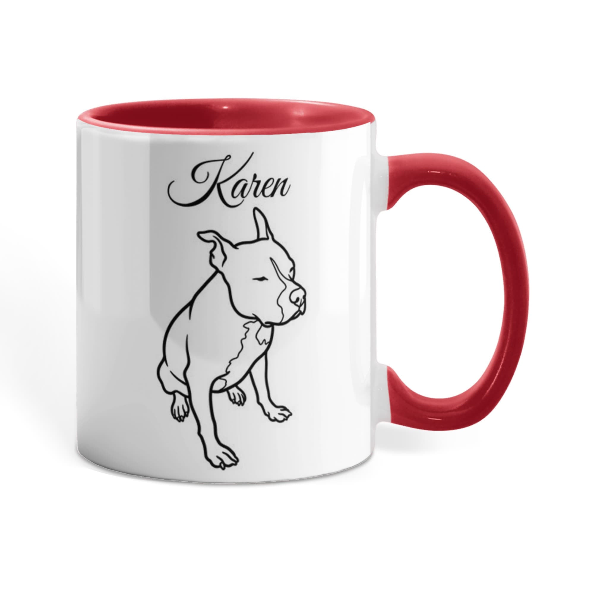 Mug with red interior and handle, featuring a dog illustration and the name 'Karen'.