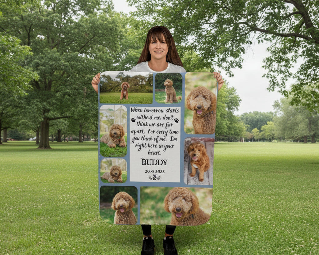 Person holding a blanket with a collage of photos and text in a living room.