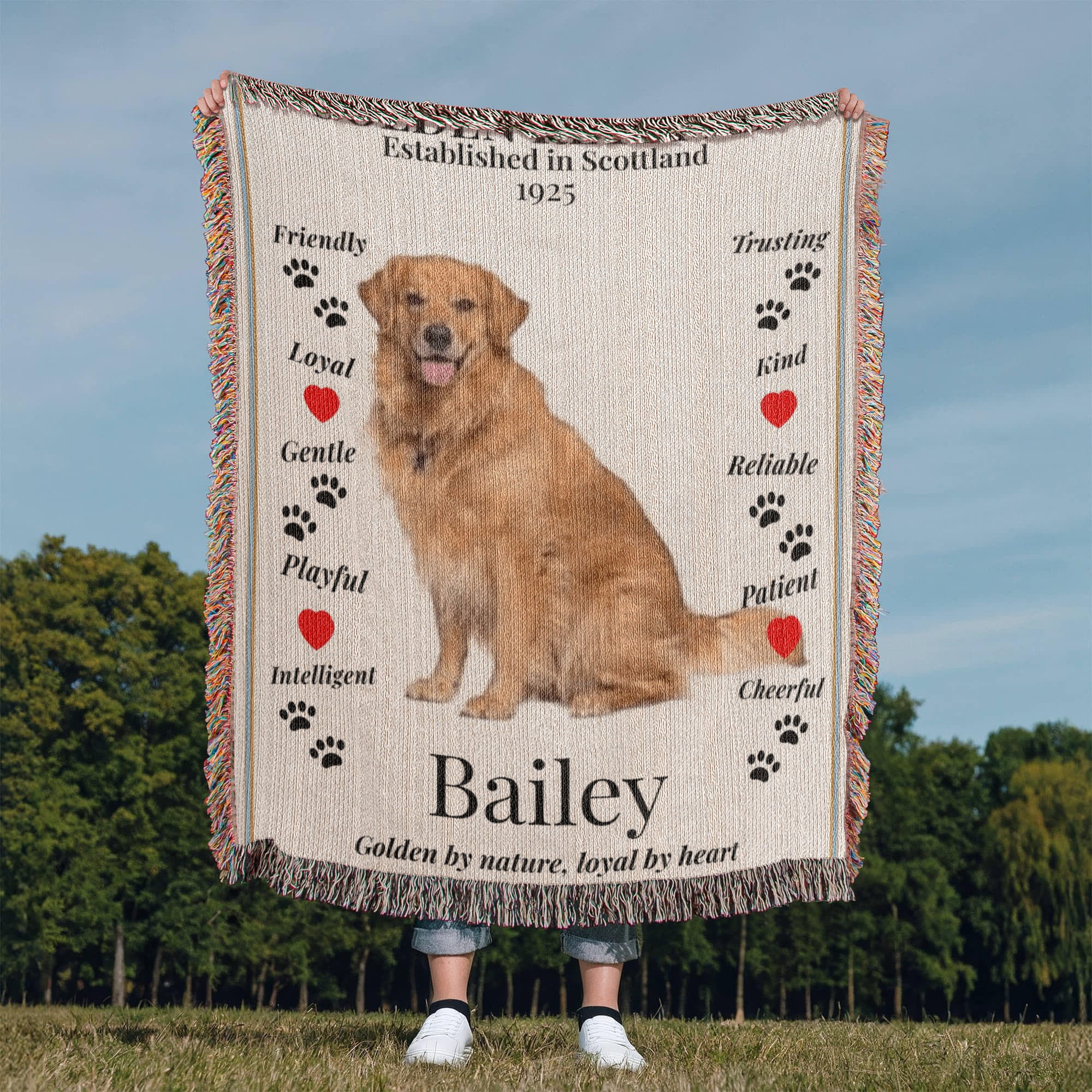 woven Blanket with a golden retriever illustration and text, held by a person outdoors.  Personalized with dogs phot and name.