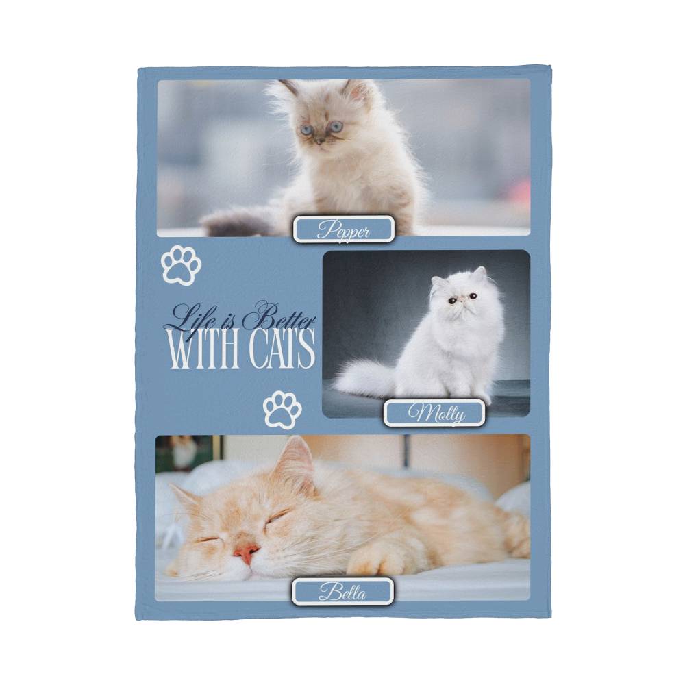Personalized Multi-Cat Photo Blanket - Custom Cat Collage Fleece Blanket - 2-5 Cats Names & Photos