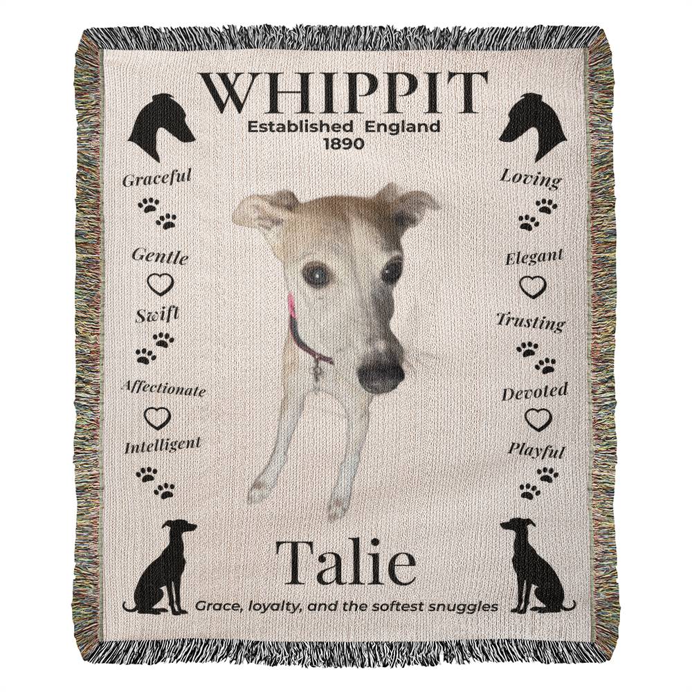 Blanket with a whippet design, including text and illustrations of a whippet. Personalize your woven blanket with your favorite photo of your Whippit.