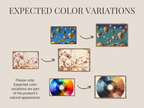 Illustration showing expected color variations with a color wheel and sample images on a beige background.