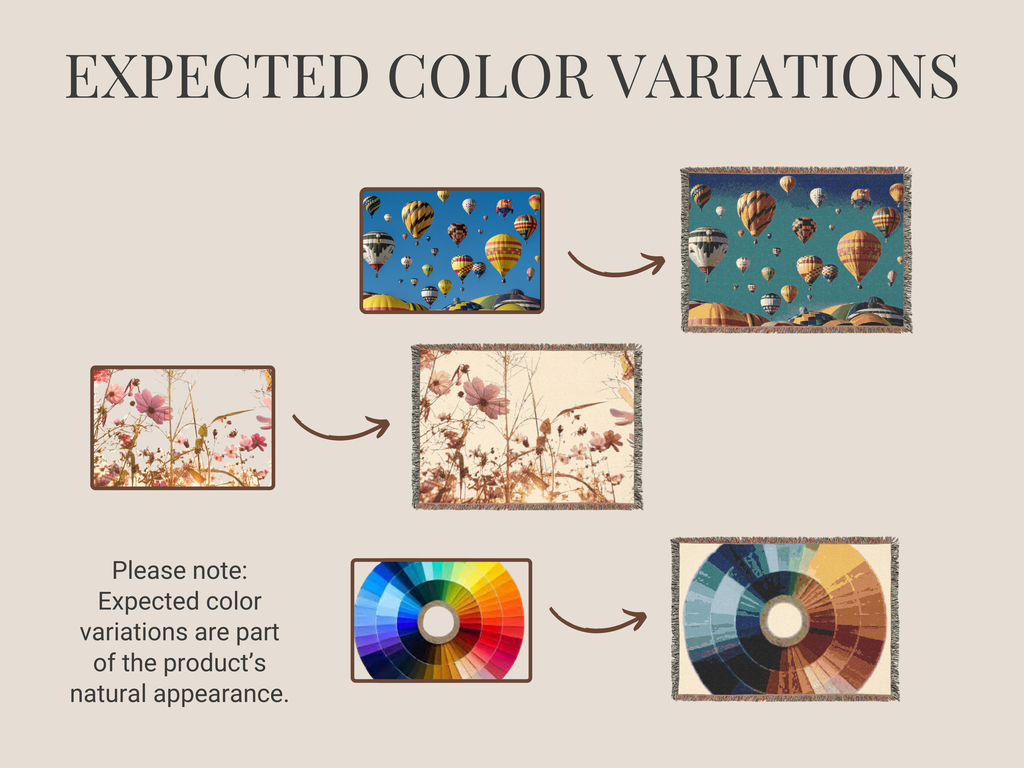 Illustration showing expected color variations with a color wheel and sample images on a beige background.