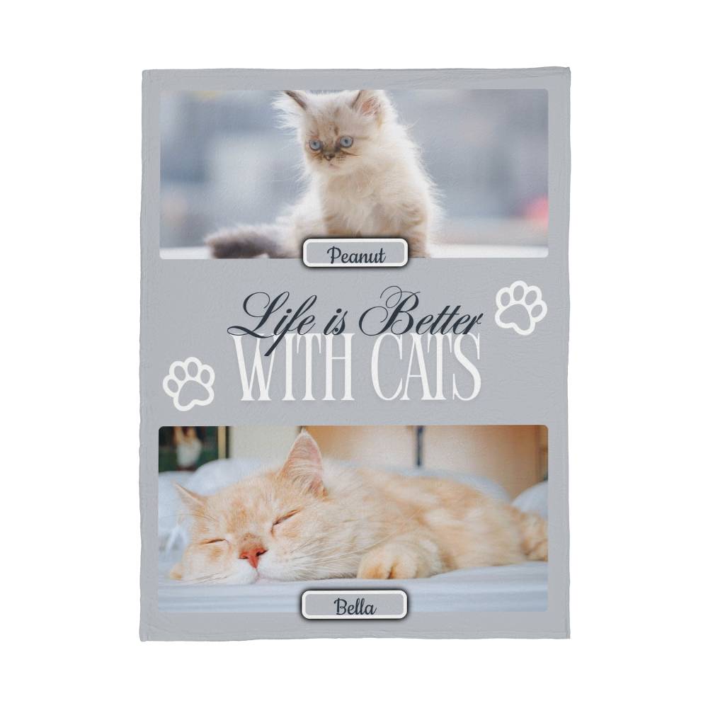 Personalized Multi-Cat Photo Blanket - Custom Cat Collage Fleece Blanket - 2-5 Cats Names & Photos