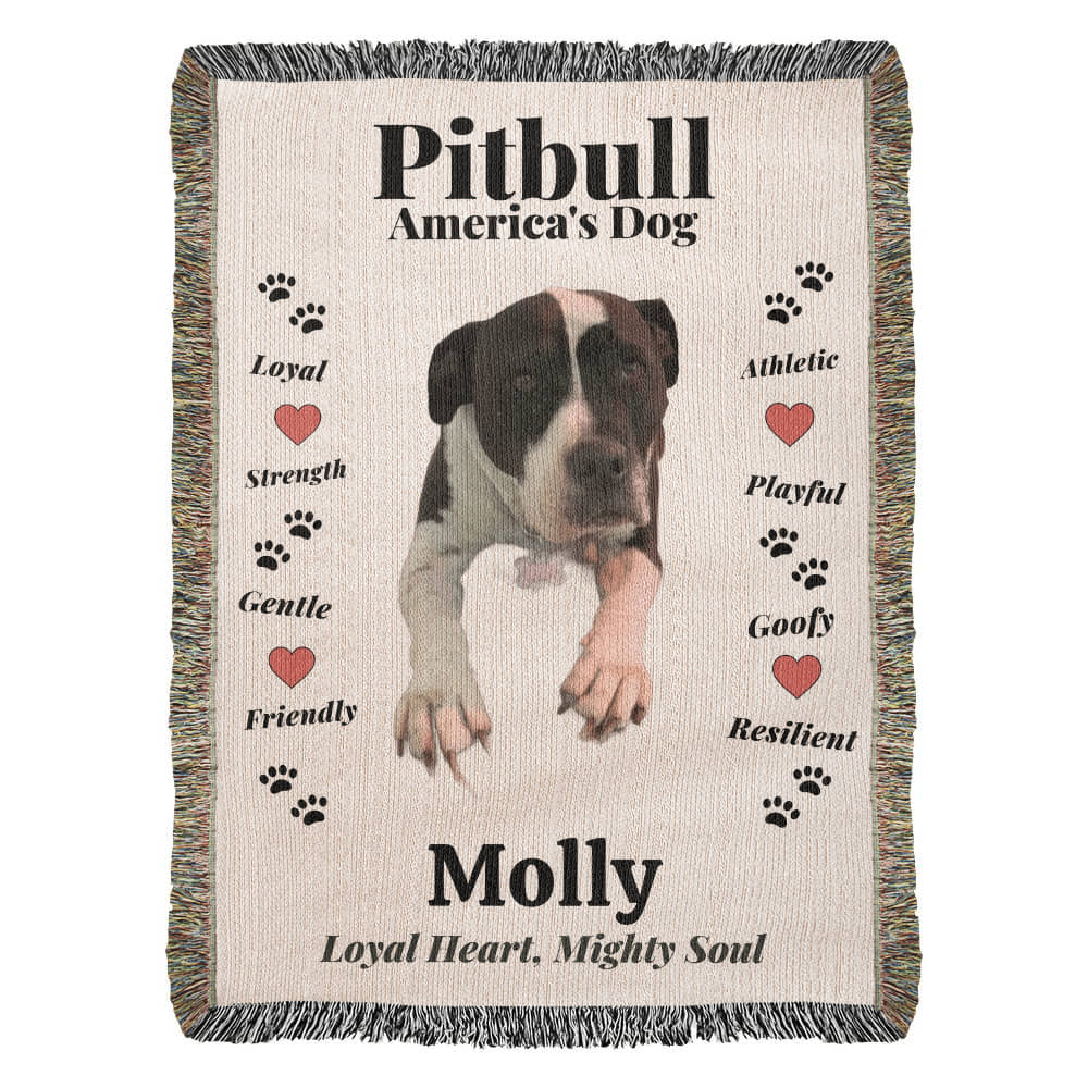 Pitbull-themed woven blanket with text and a dog illustration on a white background