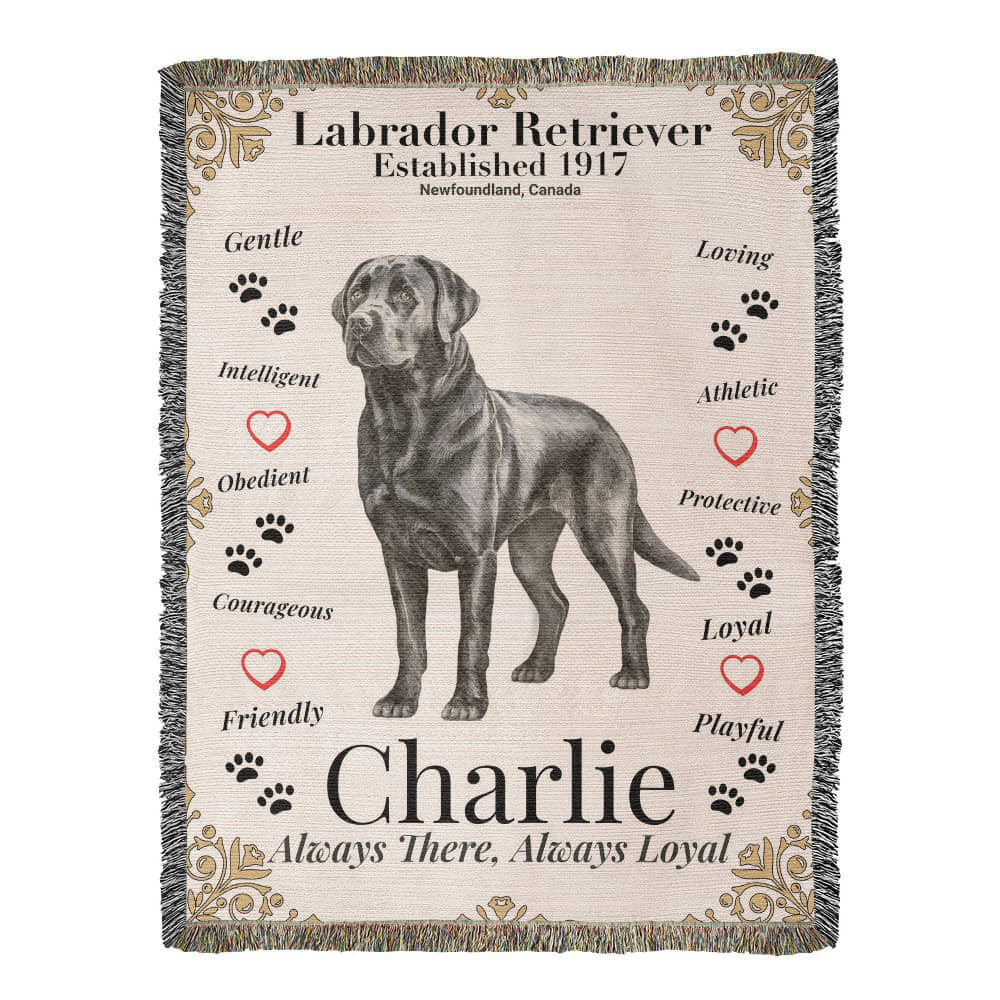 Blanket with Labrador Retriever design, featuring a dog illustration and text on a beige background. Personalize your Labrador Retriever woven blanket with your dog's photo and name.