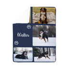 Personalized dog blanket with images of a Bernese Mountain dog and the name 'Walter'.