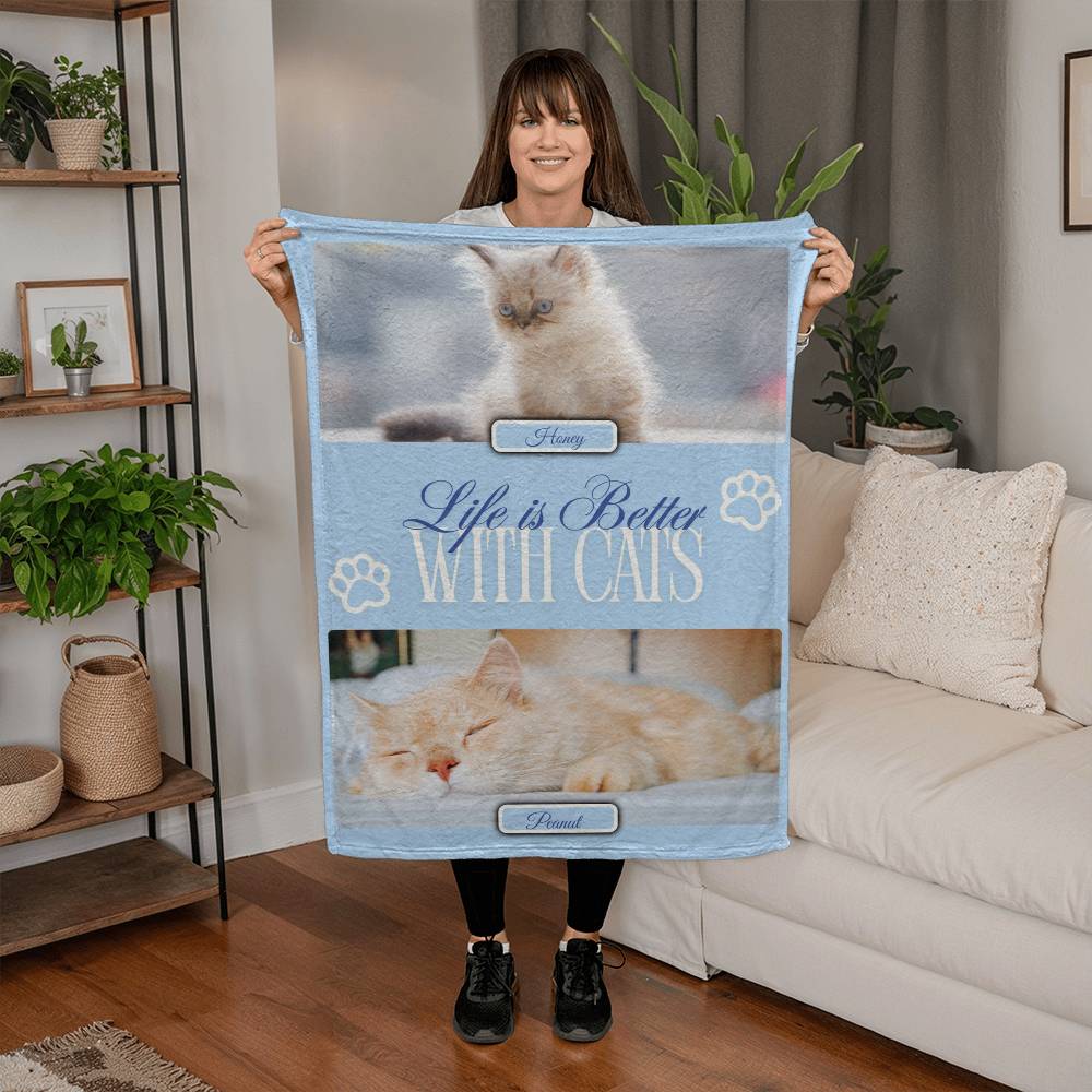 Personalized Multi-Cat Photo Blanket - Custom Cat Collage Fleece Blanket - 2-5 Cats Names & Photos