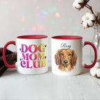 Two mugs with 'Dog Mom Club' and a dachshund illustration on a light background.