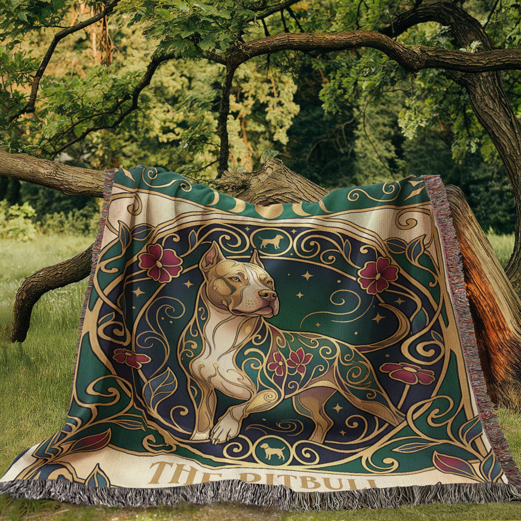Pitbull Stained Glass Art Nouveau Tarot Woven Blanket - Heirloom Cotton Throw