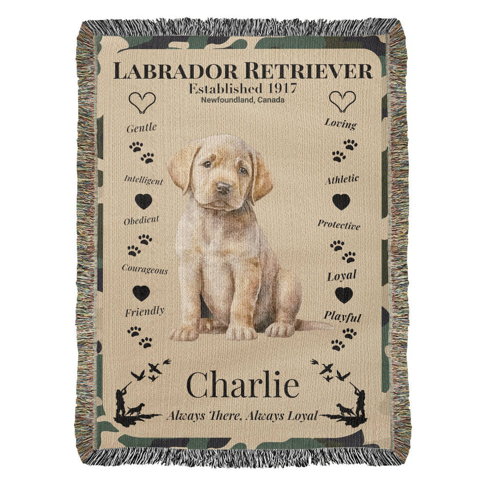 Woven blanket with a Labrador Retriever design featuring a puppy and text on a beige background. Personalize your woven blanket with your favorite picture of your Lab and their name.