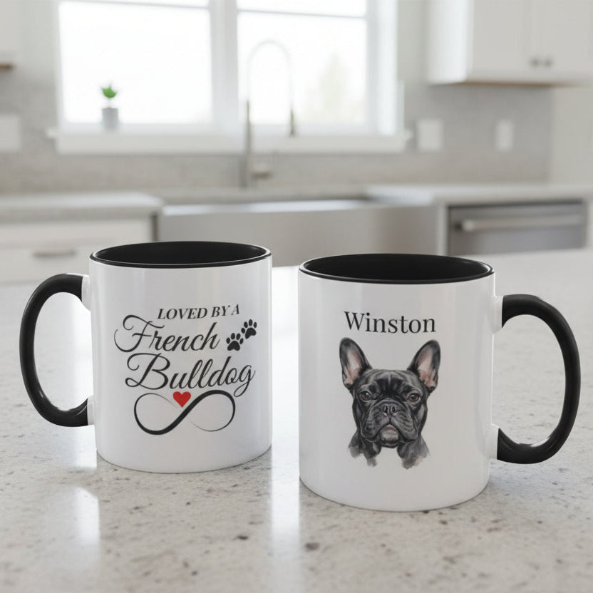 Two mugs with a French Bulldog design and text, placed on a wooden surface with a scenic background.