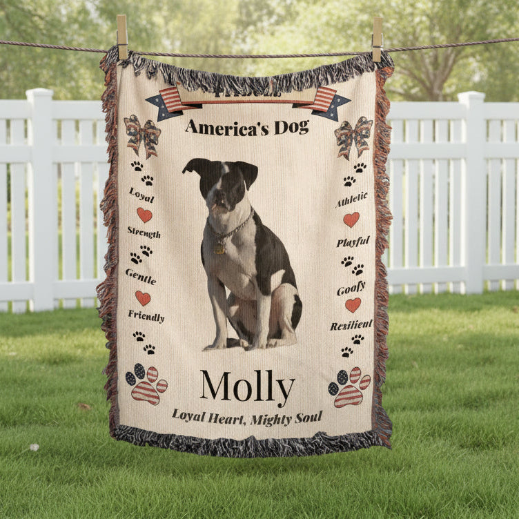 Blanket with a dog's portrait and text about loyalty, strength, and other qualities, displayed outdoors.Personalize your favorite picture of your Pitte on this custom woven blanket with their name.