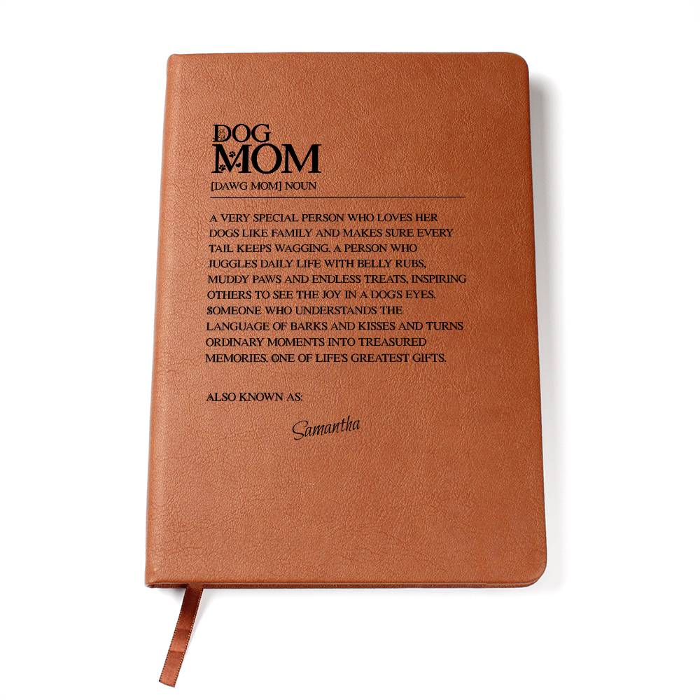 Brown notebook with 'DOG MOM' text on a white background