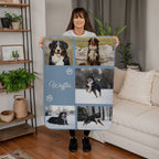 Person holding a blanket with multiple images of a dog named Waffles.