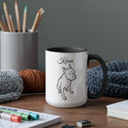 Mug with a dog illustration and 'Karen' text on a desk with stationery items.