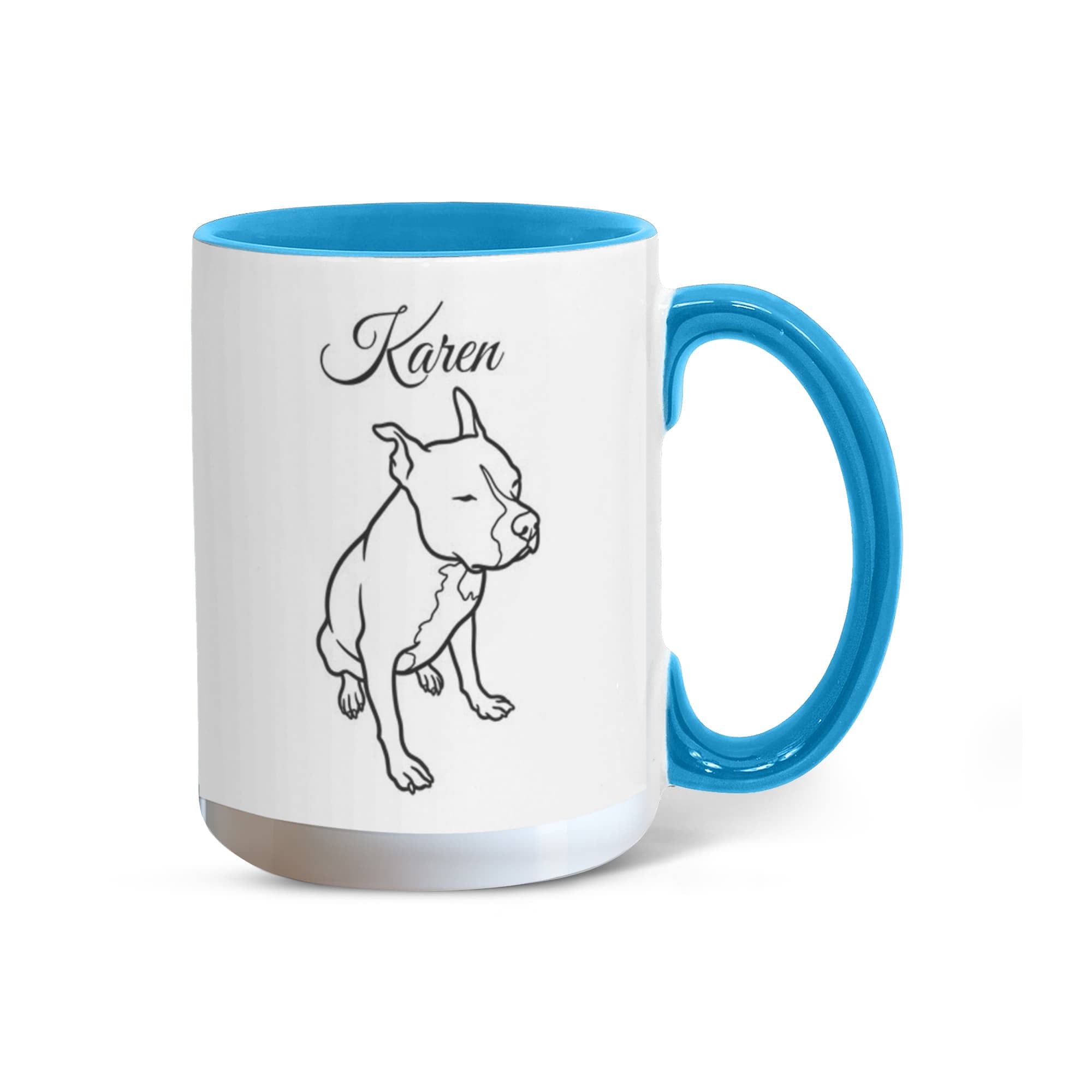 White mug with blue handle and interior, featuring a dog illustration and the name 'Karen'.