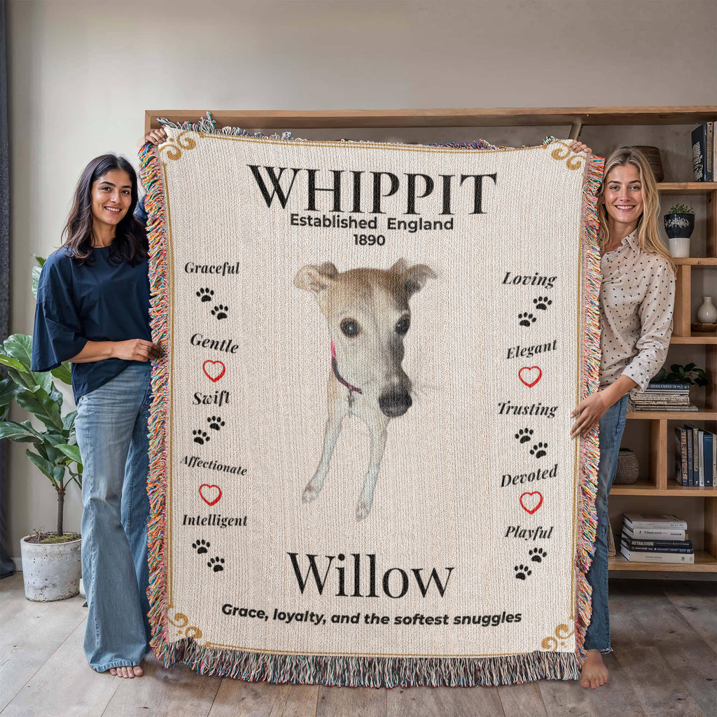 Two people holding a blanket with a whippet design and text about the breed. Personalize your Whippit woven blanket with your favorite photo and your dog's name.