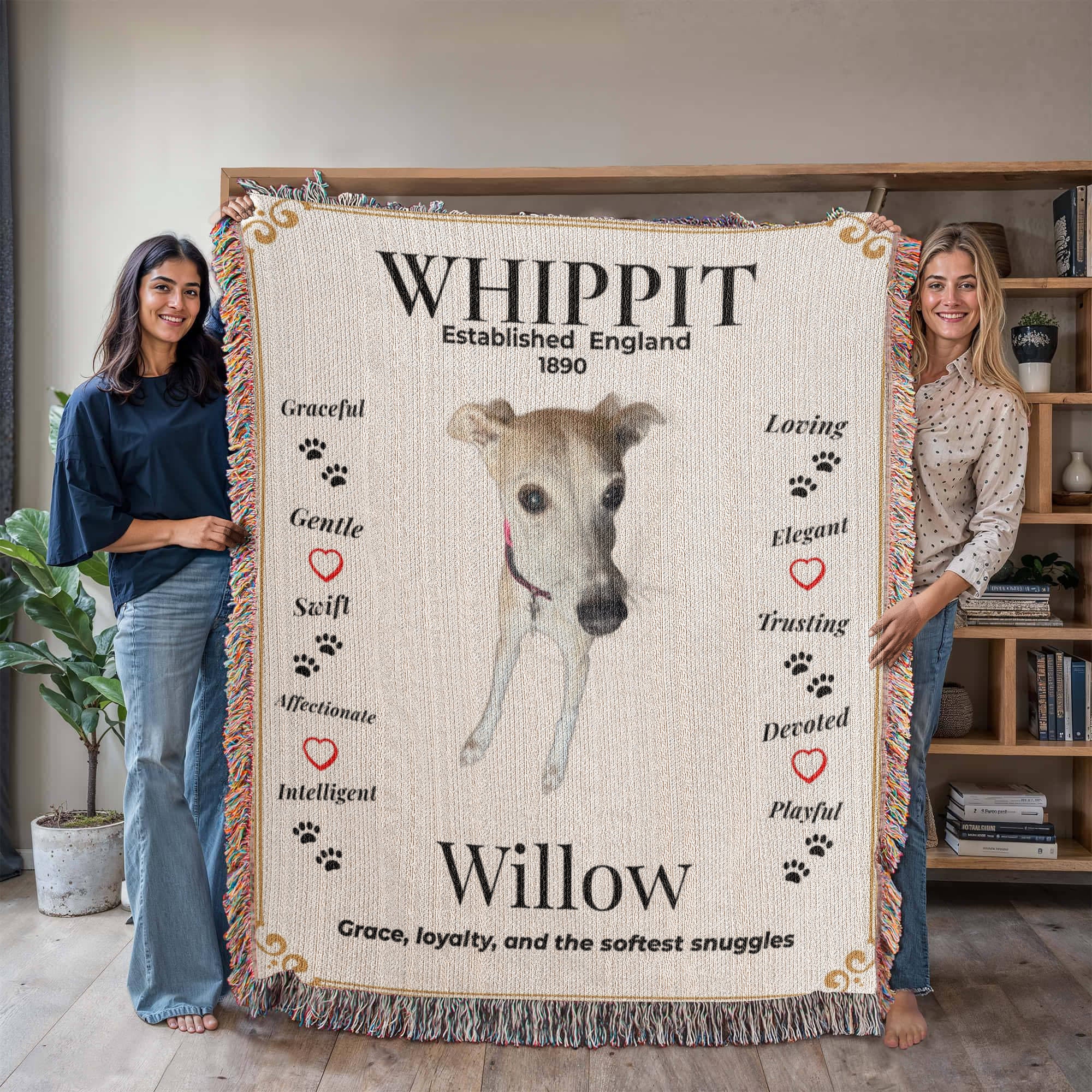 Two people holding a blanket with a whippet design and text about the breed. Personalize your Whippit woven blanket with your favorite photo and your dog's name.