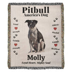 Pitbull-themed blanket with text and a dog illustration on a beige background
