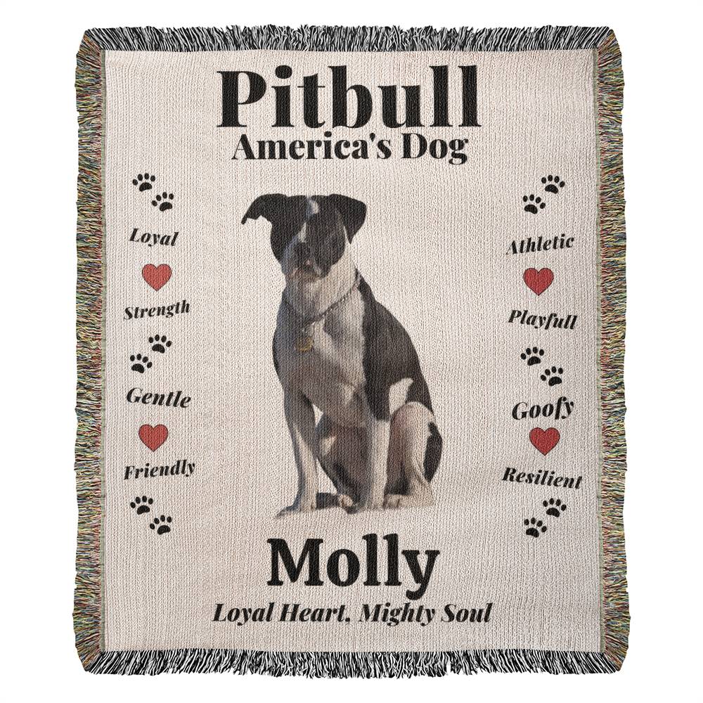Pitbull-themed blanket with text and a dog illustration on a beige background