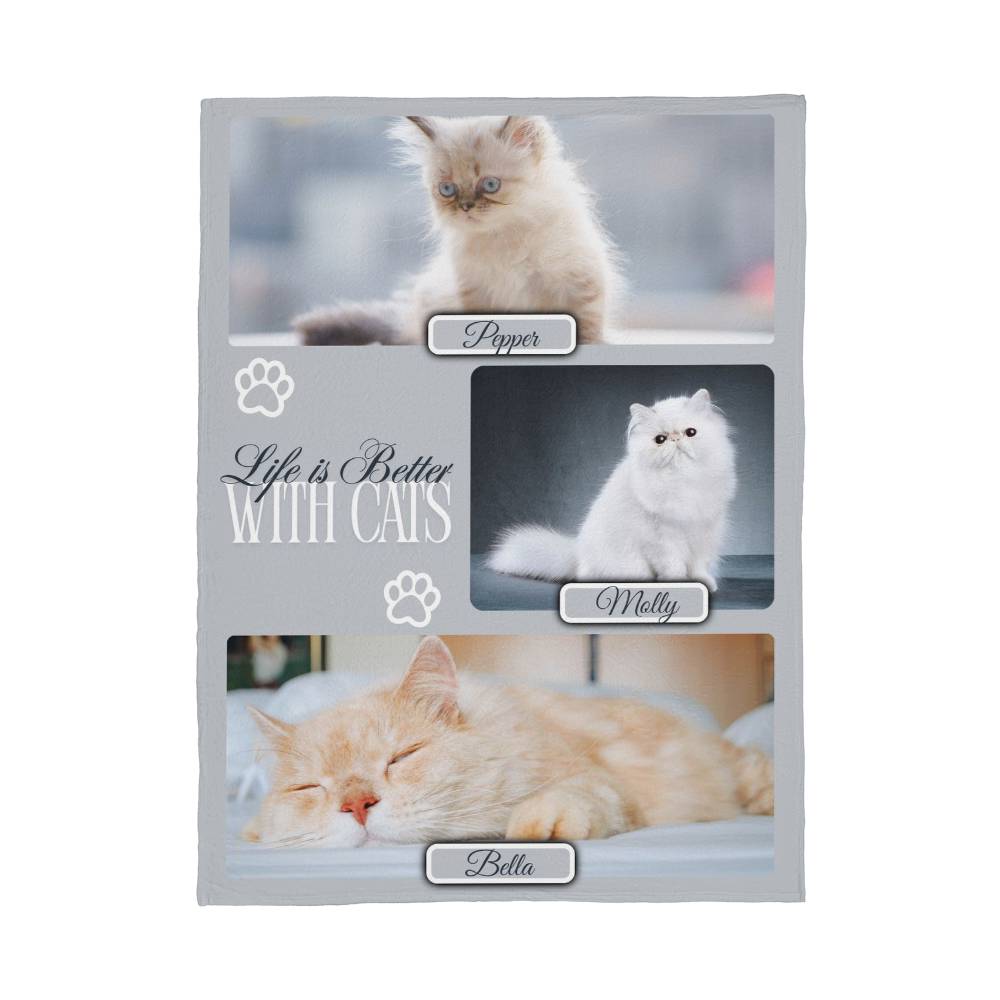 Personalized Multi-Cat Photo Blanket - Custom Cat Collage Fleece Blanket - 2-5 Cats Names & Photos