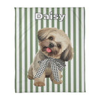 Blanket with a dog illustration and name 'Daisy' on a green and white striped background