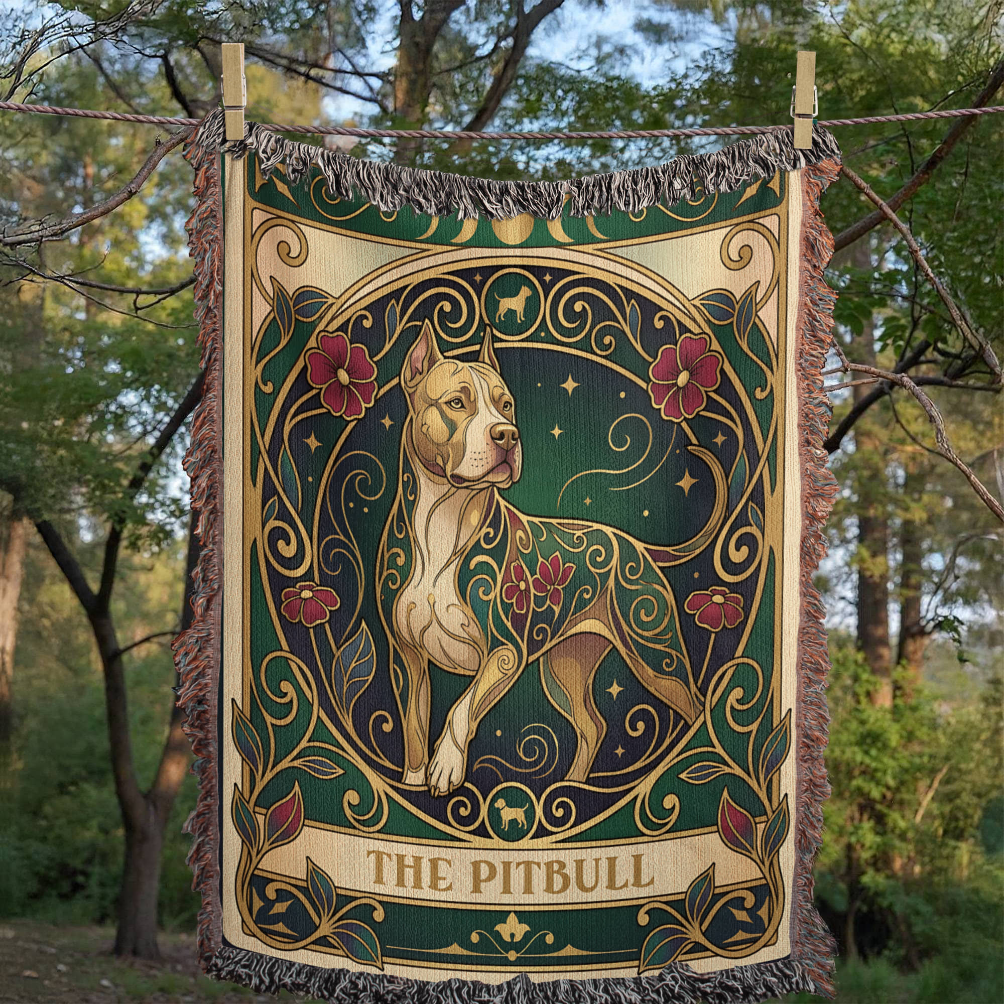 Pitbull Stained Glass Art Nouveau Tarot Woven Blanket - Heirloom Cotton Throw