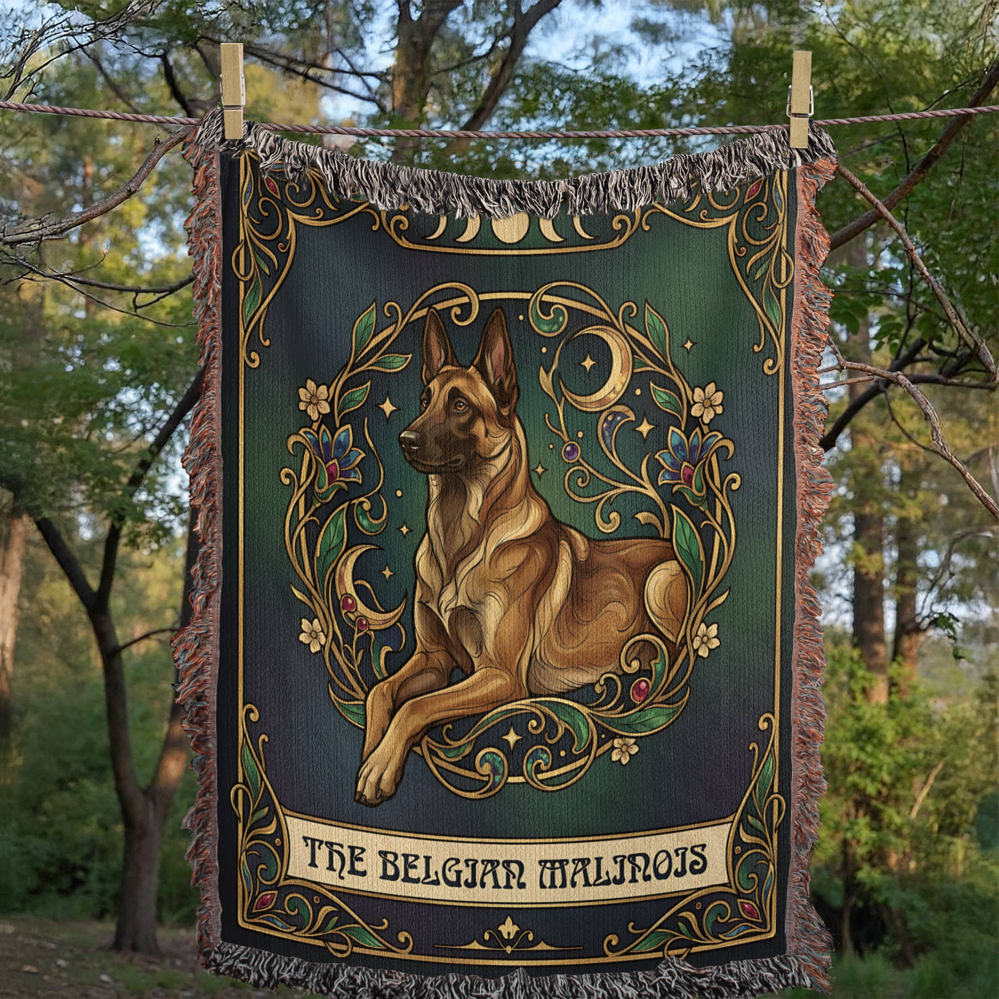 🐾 Woven Blanket Tarot Card - Belgian Malinois Emerald