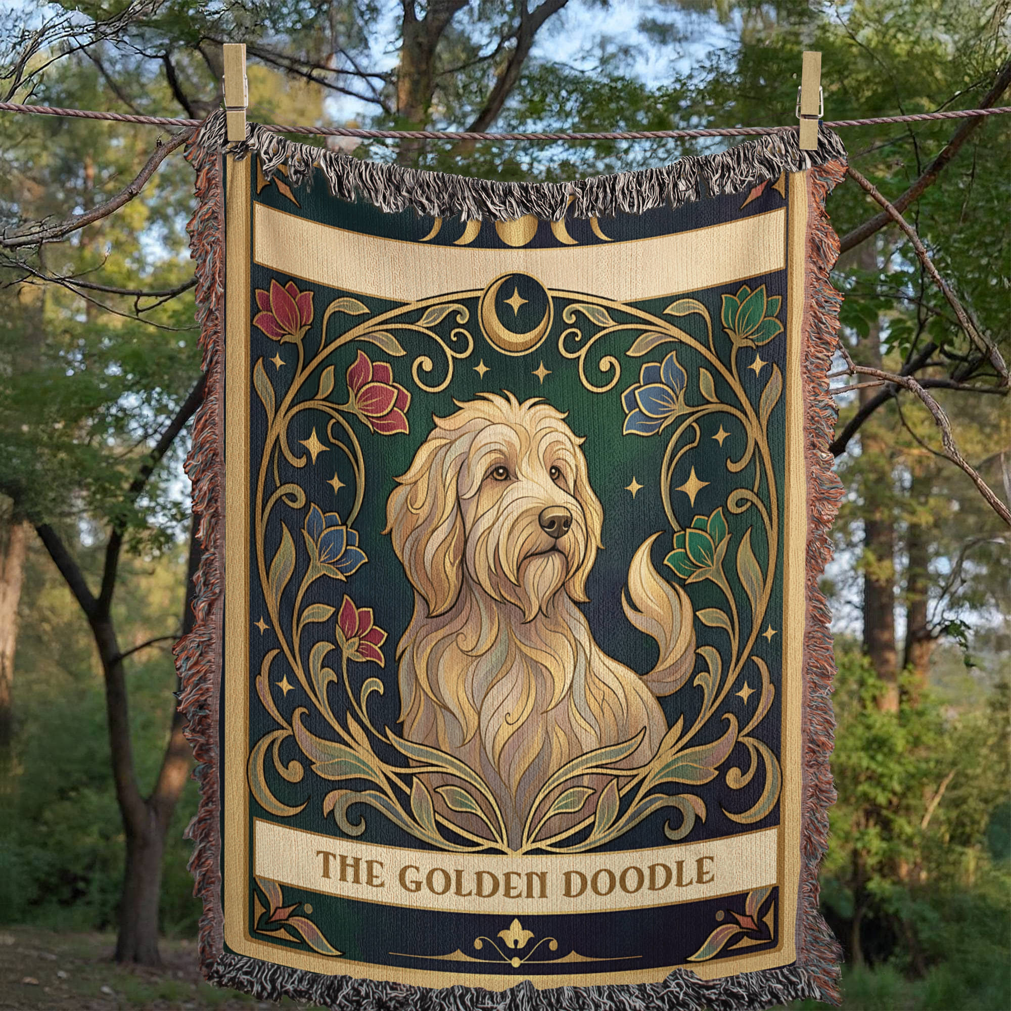 🐾 Woven Blanket Tarot Card - Golden Doodle Stained Glass