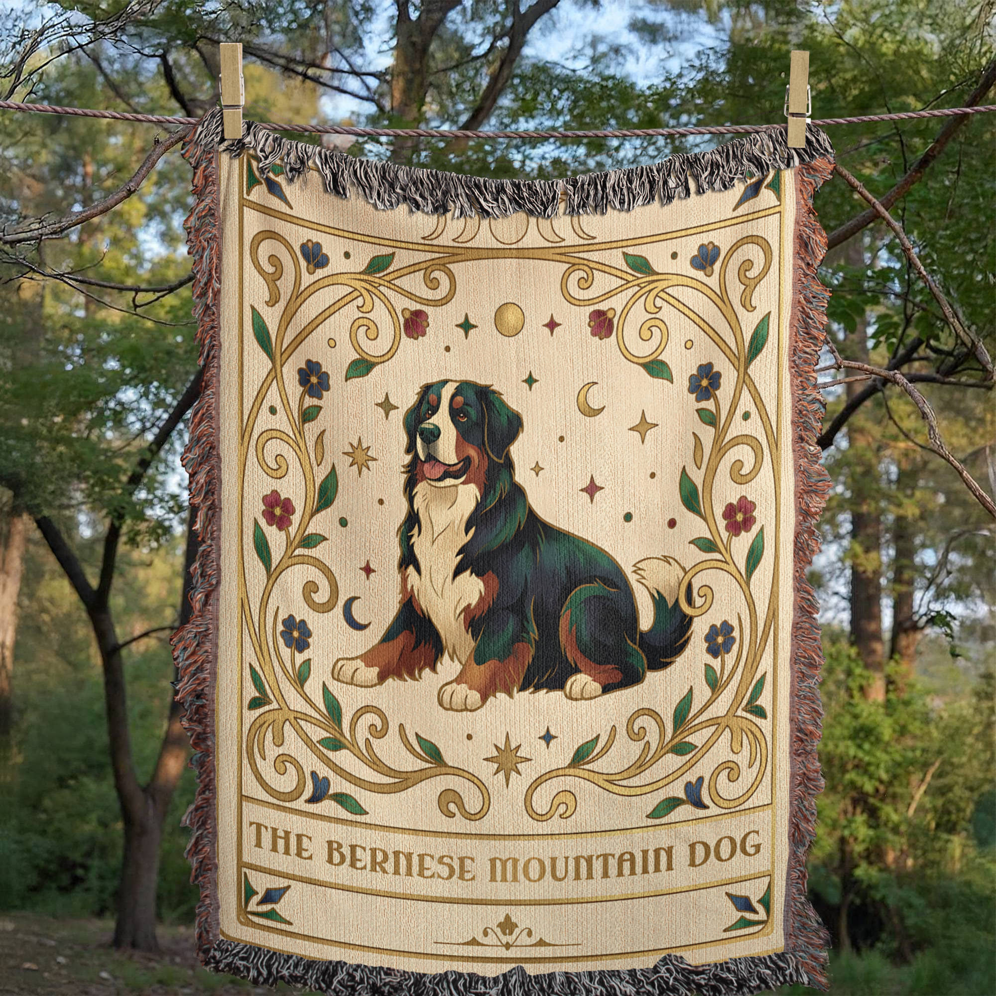 🐾 Woven Blanket Tarot Card - Bernese Mountain Dog - Flowers