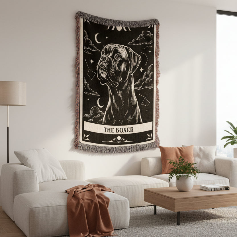 🐾 Woven Blanket Tarot Card - Boxer Black & White