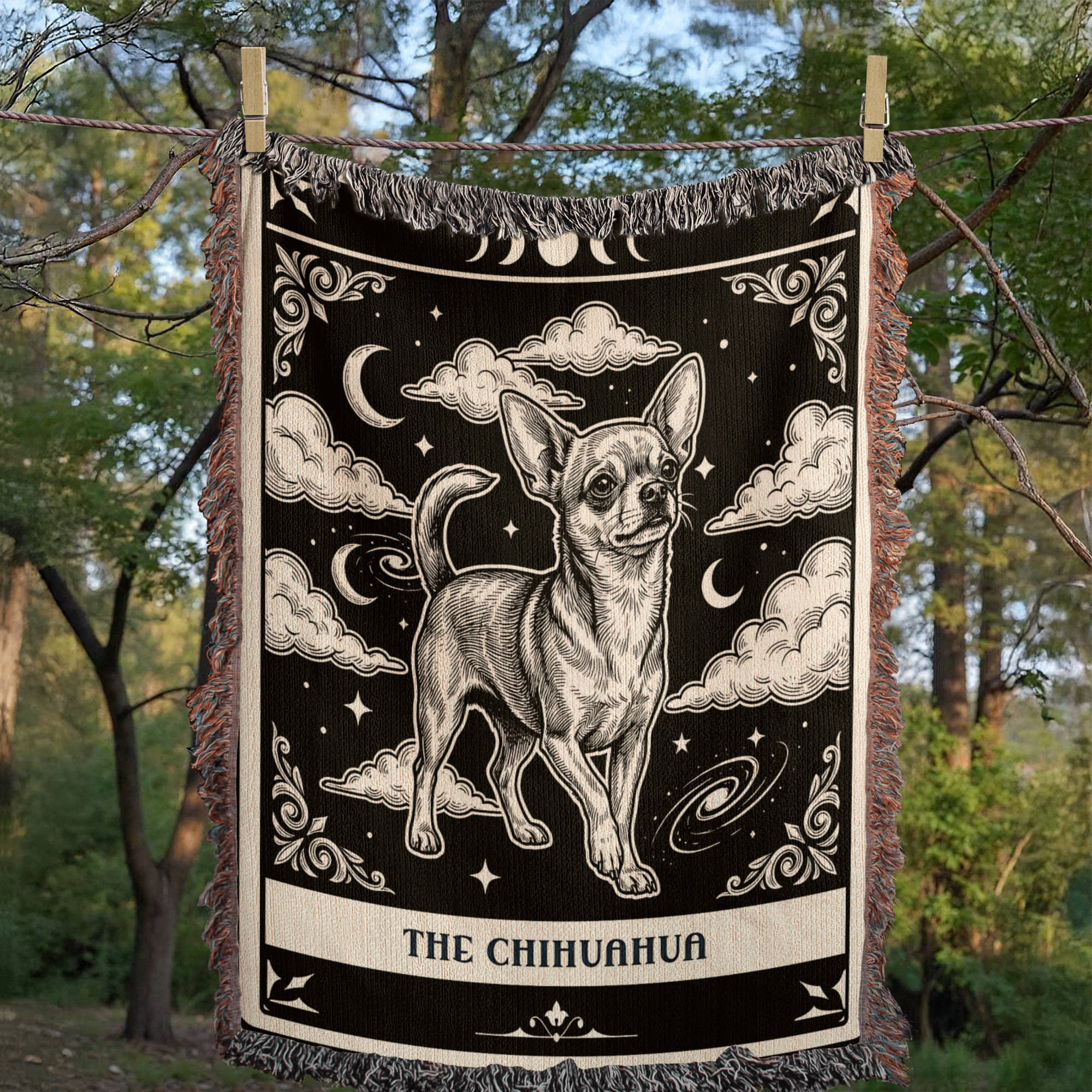 🐾 Woven Blanket Tarot Card - Chihuahua Black and White edition