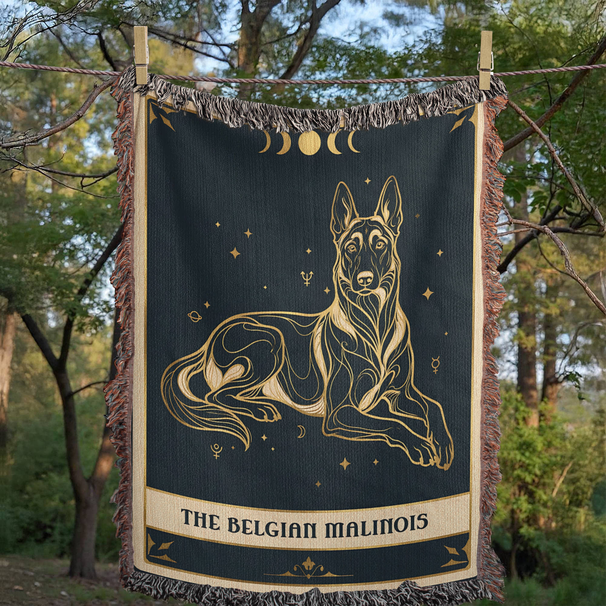 🐾 Woven Blanket Tarot Card - Belgian Malinois Celestial