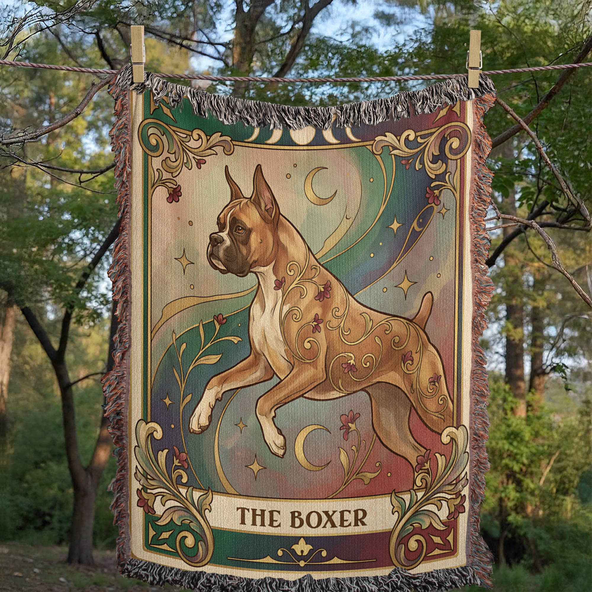 🐾 Woven Blanket Tarot Card - Boxer Rainbow