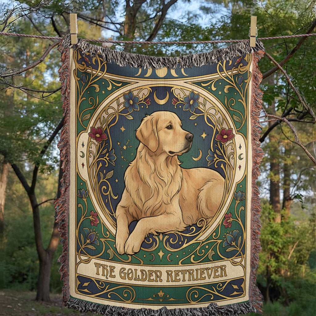 🐾 Woven Blanket Tarot Card - Golden retriever golden with red flowers