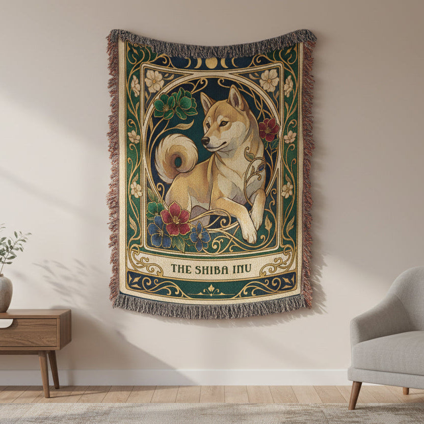 Decorative tapestry with Shiba Inu design hanging on a wall in a room with a chair and table.